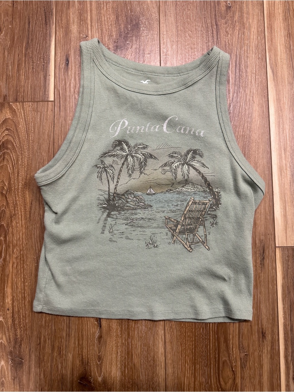 Hollister Sage Green Ribbed Tank with Palm Graphic